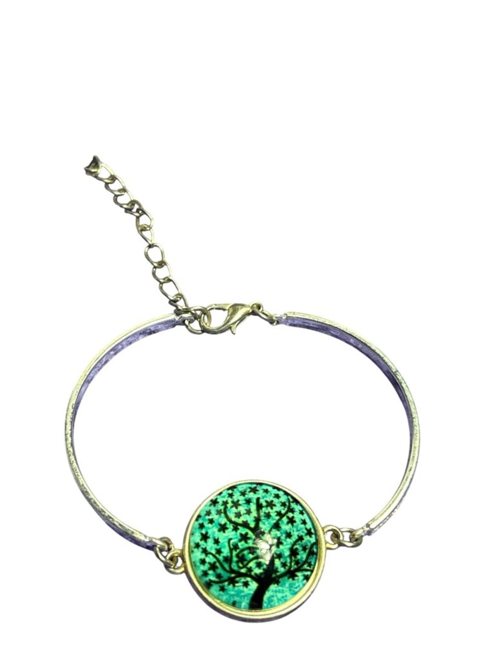 Glass Dome Tree Stars Bracelet Silvertone Green Black 6 - 8 inches